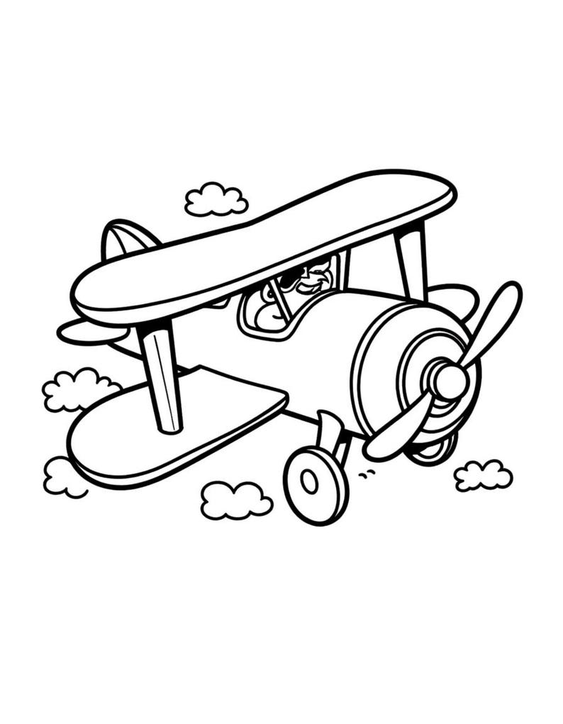 Puede incluir: Una ilustraci&oacute;n de arte lineal en blanco y negro de un biplano volando por el aire. La aeronave cuenta con una h&eacute;lice en la parte delantera, dos juegos de alas y tren de aterrizaje. Un piloto con gafas protectoras se ve en la cabina.