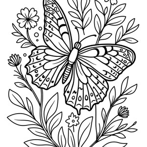 May include: A black and white line drawing of a butterfly with detailed wing patterns, surrounded by leaves and flowers. The butterfly is the central focus, with intricate designs on its wings. The floral elements add a natural, decorative touch.