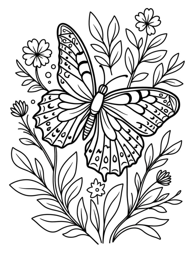 May include: A black and white line drawing of a butterfly with detailed wing patterns, surrounded by leaves and flowers. The butterfly is the central focus, with intricate designs on its wings. The floral elements add a natural, decorative touch.