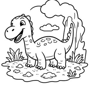 May include: A black and white illustration of a smiling dinosaur with a long neck, standing on a grassy area with clouds and a mountain-like structure in the background. The dinosaur has spots on its back and is surrounded by grass and small clouds.