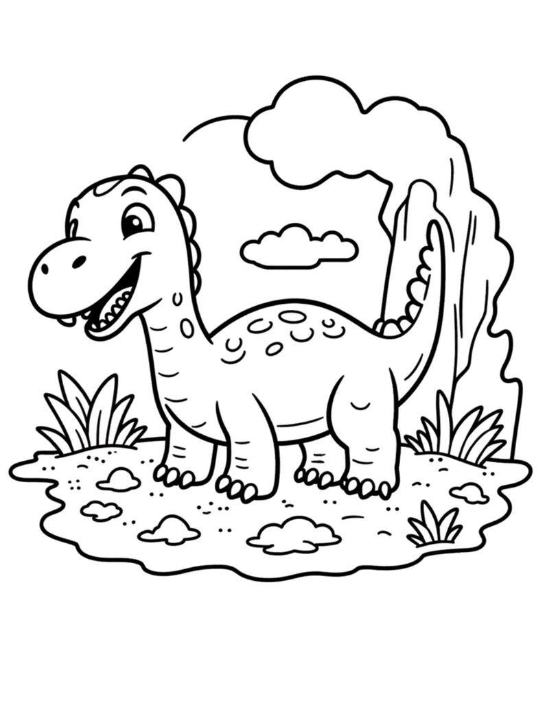 May include: A black and white illustration of a smiling dinosaur with a long neck, standing on a grassy area with clouds and a mountain-like structure in the background. The dinosaur has spots on its back and is surrounded by grass and small clouds.