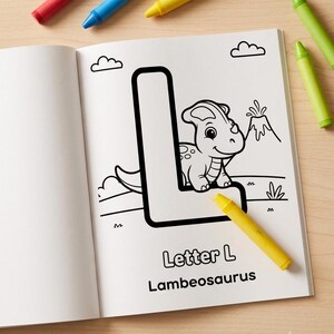 May include: A coloring book page featuring a large letter L, a cartoon dinosaur, a volcano, and clouds. The text reads Letter L and Lambeosaurus. Five crayons in red, blue, yellow, and two shades of green are placed around the open book.