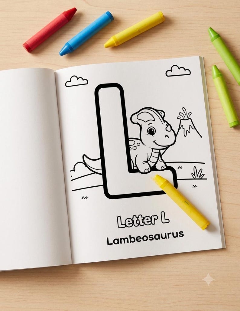 May include: A coloring book page featuring a large letter L, a cartoon dinosaur, a volcano, and clouds. The text reads Letter L and Lambeosaurus. Five crayons in red, blue, yellow, and two shades of green are placed around the open book.