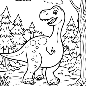 May include: A black and white line art coloring page featuring a cartoon dinosaur standing in a forest. The dinosaur has spots on its back and a smiling face. The background includes several pine trees, bushes, clouds, and a large tree trunk.