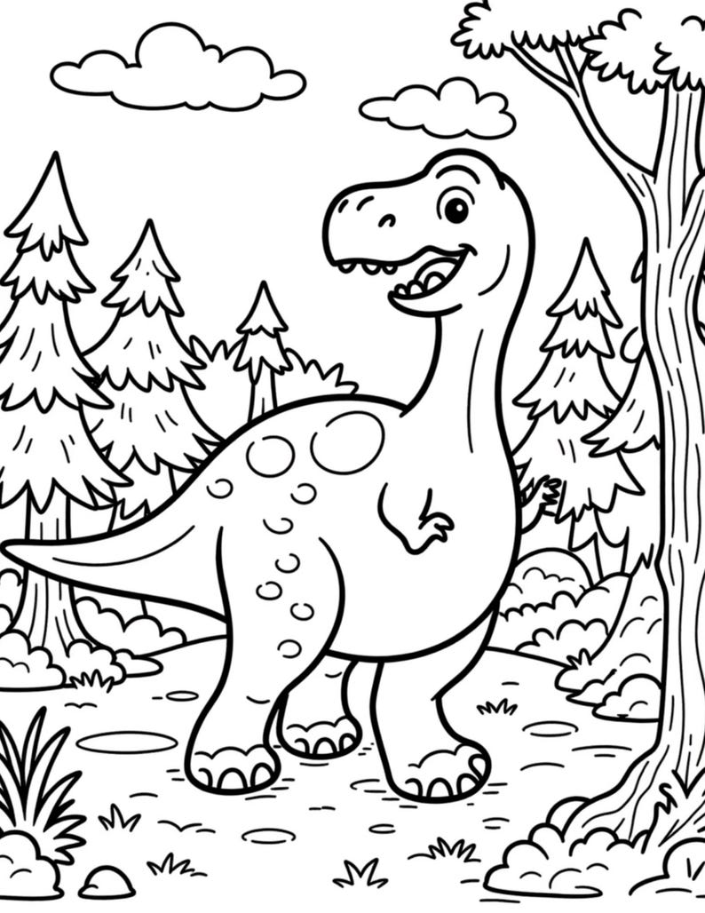 May include: A black and white line art coloring page featuring a cartoon dinosaur standing in a forest. The dinosaur has spots on its back and a smiling face. The background includes several pine trees, bushes, clouds, and a large tree trunk.