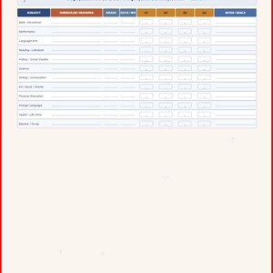 May include: A digital curriculum tracker template featuring a blue header with the text Curriculum Tracker and a sub-header. It includes a table with columns for subject, curriculum, grade, days per week, quarters, and notes, plus Bible verses.