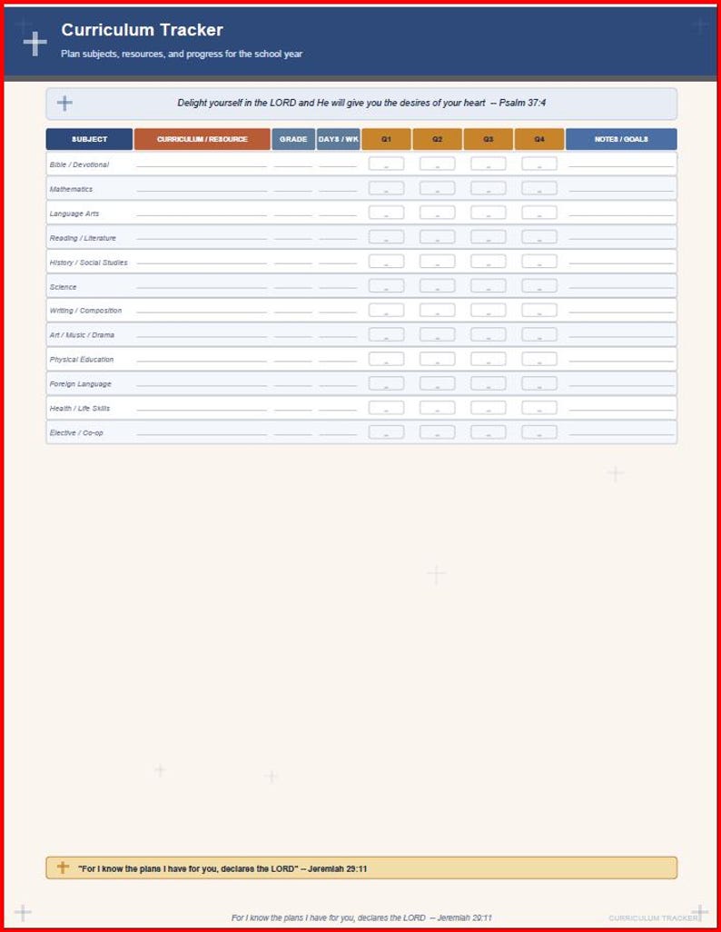 May include: A digital curriculum tracker template featuring a blue header with the text Curriculum Tracker and a sub-header. It includes a table with columns for subject, curriculum, grade, days per week, quarters, and notes, plus Bible verses.