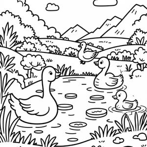 May include: A black and white coloring page illustration featuring four ducks swimming in a pond. The scene includes lily pads on the water, grassy banks with bushes, rolling hills, and distant mountains under a sky with several fluffy clouds.