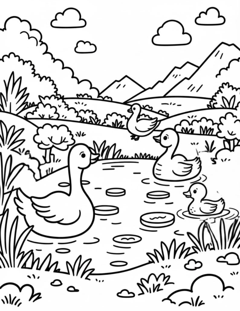 May include: A black and white coloring page illustration featuring four ducks swimming in a pond. The scene includes lily pads on the water, grassy banks with bushes, rolling hills, and distant mountains under a sky with several fluffy clouds.