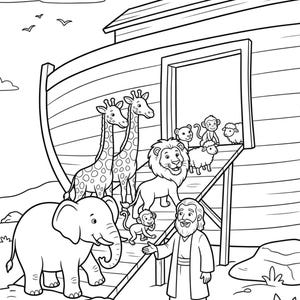 May include: A black and white line art coloring page depicting Noah's Ark with a large wooden structure, a ramp, and various animals including an elephant, giraffes, a lion, monkeys, and sheep. A bearded figure stands near the ramp entrance.