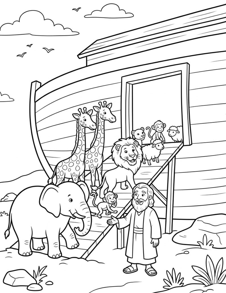 May include: A black and white line art coloring page depicting Noah's Ark with a large wooden structure, a ramp, and various animals including an elephant, giraffes, a lion, monkeys, and sheep. A bearded figure stands near the ramp entrance.