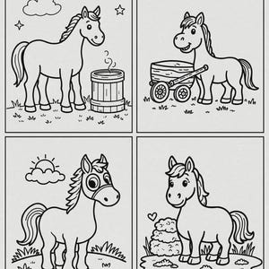 Puede incluir: P&aacute;gina de libro para colorear de cuatro paneles con caballos de dibujos animados en varias escenas. Un caballo est&aacute; cerca de un barril, otro tira de un carro y los otros est&aacute;n en un campo. Las ilustraciones est&aacute;n delineadas en negro.
