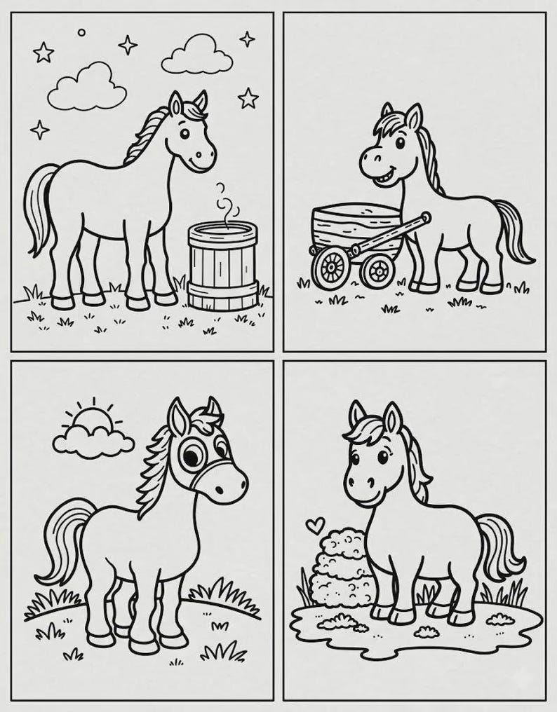 Puede incluir: P&aacute;gina de libro para colorear de cuatro paneles con caballos de dibujos animados en varias escenas. Un caballo est&aacute; cerca de un barril, otro tira de un carro y los otros est&aacute;n en un campo. Las ilustraciones est&aacute;n delineadas en negro.