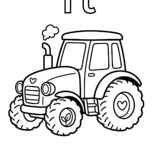 May include: A black and white coloring page featuring a tractor with large treaded tires, a smokestack with a puff of smoke, and heart and leaf icons on the body and wheels. The letters Tt are at the top and the word Tractor is at the bottom.