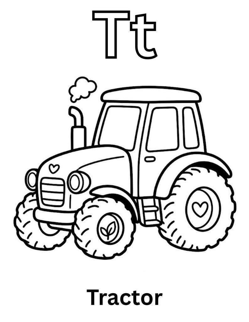 May include: A black and white coloring page featuring a tractor with large treaded tires, a smokestack with a puff of smoke, and heart and leaf icons on the body and wheels. The letters Tt are at the top and the word Tractor is at the bottom.