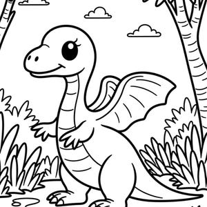 May include: Black and white line drawing of a dragon with wings, set in a forest scene. The dragon has a large eye and a smiling face. Trees, clouds, and grass are also included in the illustration.