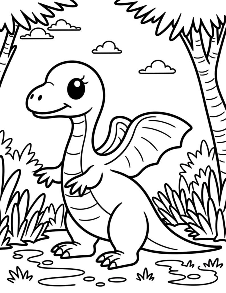 May include: Black and white line drawing of a dragon with wings, set in a forest scene. The dragon has a large eye and a smiling face. Trees, clouds, and grass are also included in the illustration.