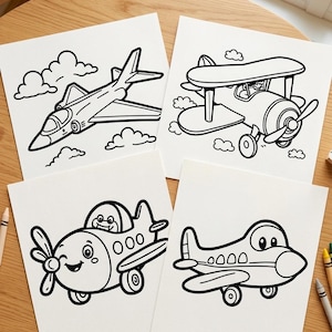 Puede incluir: Cuatro hojas de papel cuadradas blancas con ilustraciones de l&iacute;neas en blanco y negro de aviones. Arriba a la izquierda un jet, arriba a la derecha un biplano, abajo a la izquierda un avi&oacute;n de dibujos animados con cara y abajo a la derecha un avi&oacute;n.