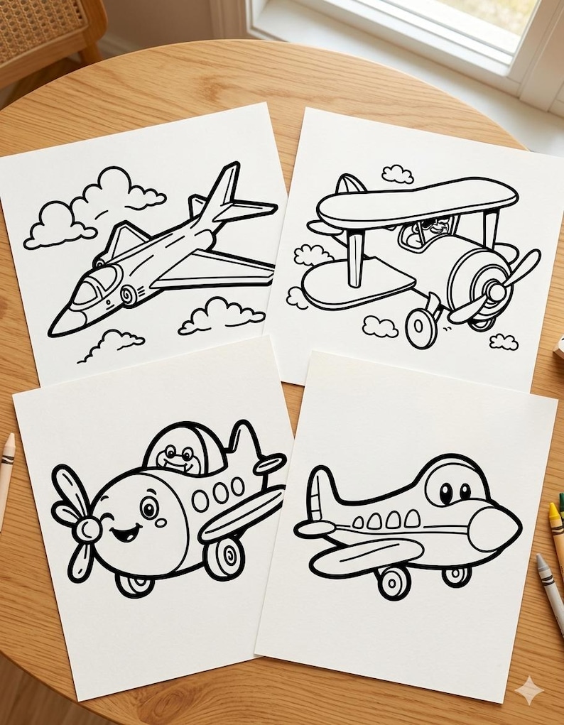 Puede incluir: Cuatro hojas de papel cuadradas blancas con ilustraciones de l&iacute;neas en blanco y negro de aviones. Arriba a la izquierda un jet, arriba a la derecha un biplano, abajo a la izquierda un avi&oacute;n de dibujos animados con cara y abajo a la derecha un avi&oacute;n.