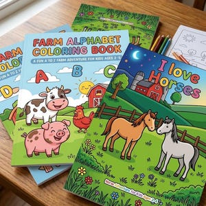 May include: Three coloring books with illustrated covers. One titled Farm Alphabet Coloring Book features a cow, pig, and chicken. Another titled I Love Horses shows two horses in a field with a barn. The third is partially visible with green cover art.