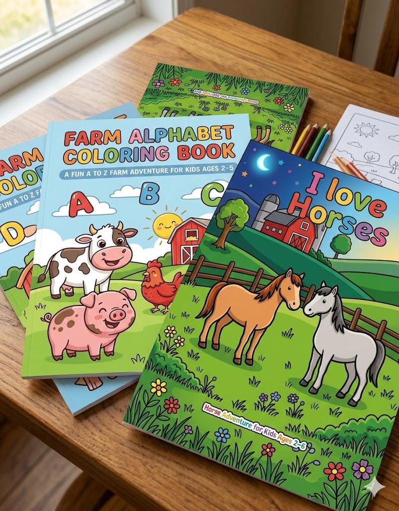 May include: Three coloring books with illustrated covers. One titled Farm Alphabet Coloring Book features a cow, pig, and chicken. Another titled I Love Horses shows two horses in a field with a barn. The third is partially visible with green cover art.