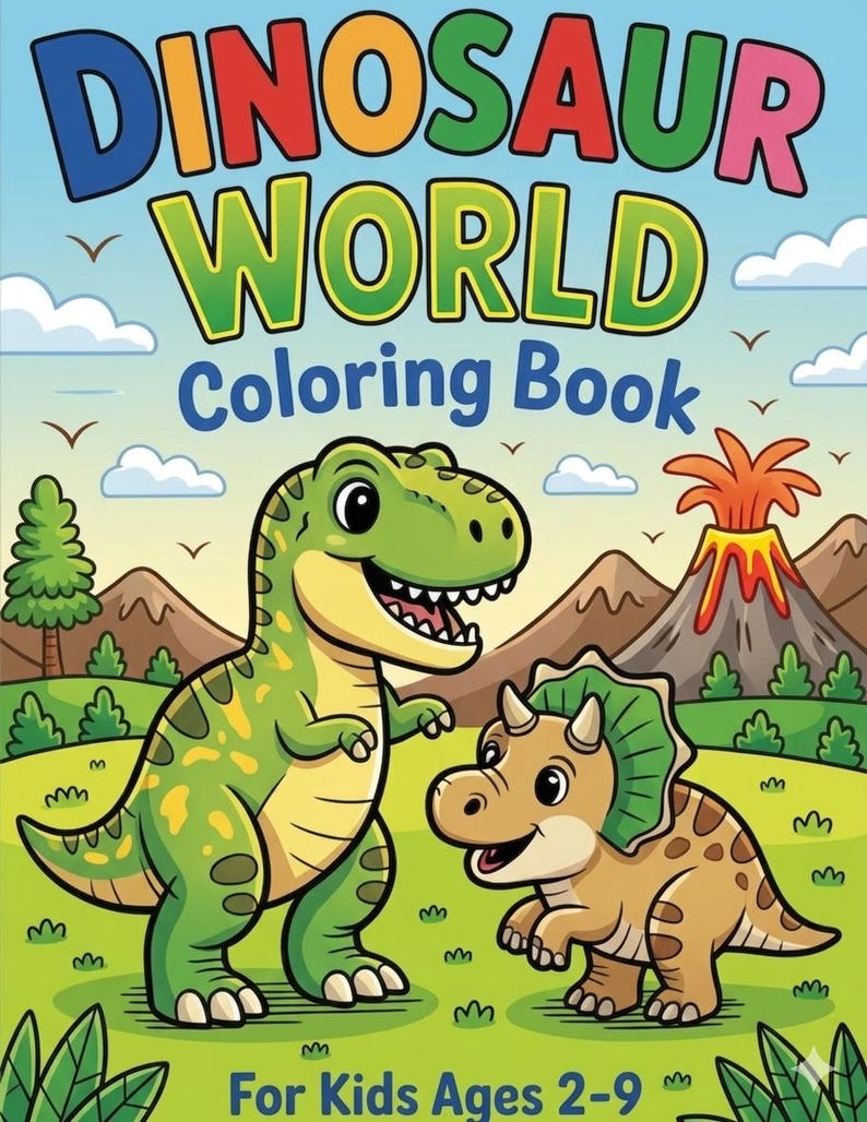 Dinosaur Coloring Book for Kids — Printable Dinosaur Scenes Coloring Pages for Children Digital Download image 1