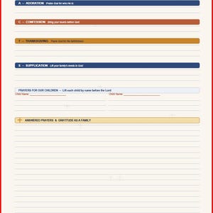 May include: A Family Prayer Journal page featuring a brown header with the text Family Prayer Journal and 1 Thessalonians 5:17. It includes sections for Adoration, Confession, Thanksgiving, Supplication, Prayers for our Children, and Answered Prayers.