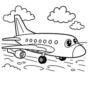 Puede incluir: Una ilustraci&oacute;n de arte lineal en blanco y negro de un avi&oacute;n de dibujos animados con ojos grandes, una nariz redondeada y una aleta de cola. El avi&oacute;n se muestra con el tren de aterrizaje extendido, volando sobre marcas de suelo estilizadas.