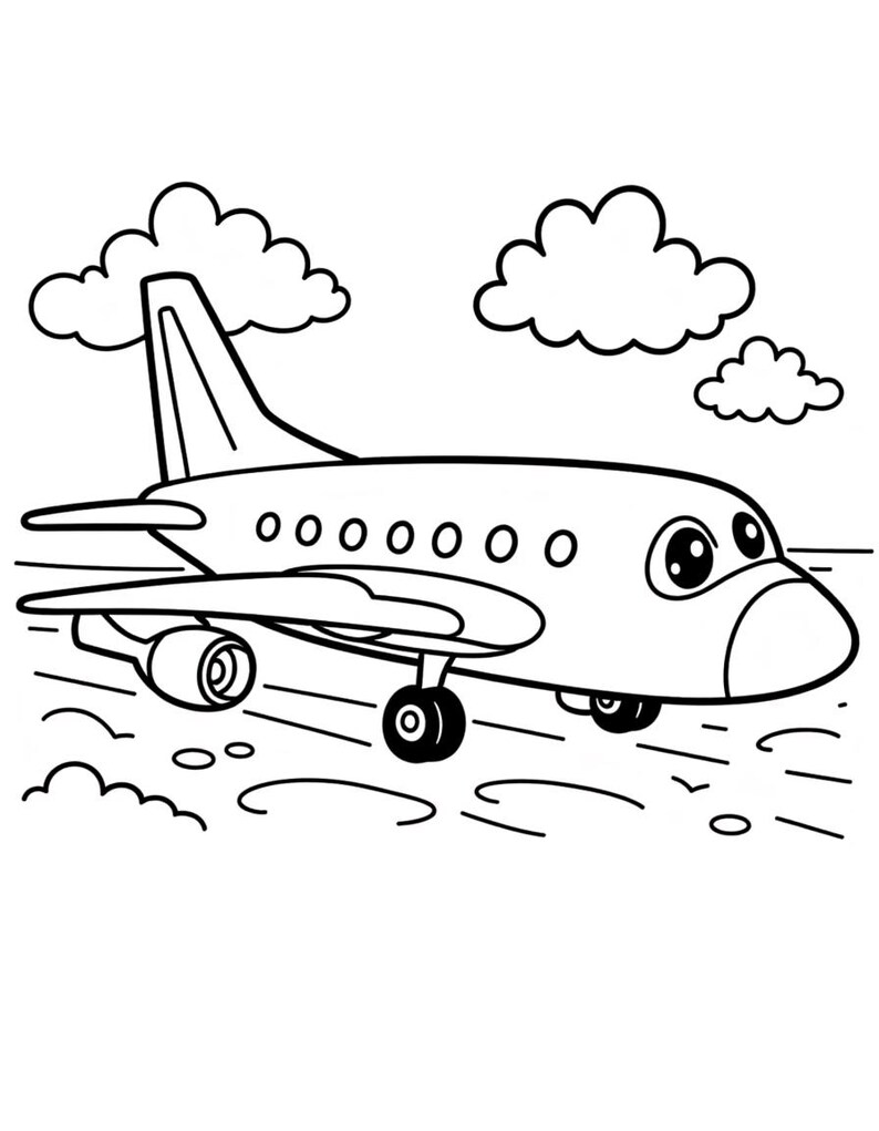 Puede incluir: Una ilustraci&oacute;n de arte lineal en blanco y negro de un avi&oacute;n de dibujos animados con ojos grandes, una nariz redondeada y una aleta de cola. El avi&oacute;n se muestra con el tren de aterrizaje extendido, volando sobre marcas de suelo estilizadas.