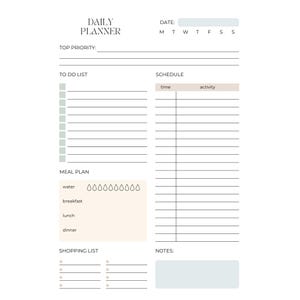 May include: A daily planner page featuring sections for top priority, a to-do list with checkboxes, a schedule, a meal plan with water intake icons, a shopping list, and a notes box. The layout uses soft beige, sage green, and light blue accents.