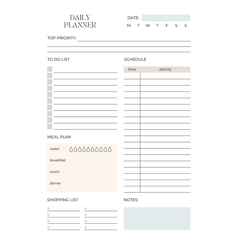 May include: A daily planner page featuring sections for top priority, a to-do list with checkboxes, a schedule, a meal plan with water intake icons, a shopping list, and a notes box. The layout uses soft beige, sage green, and light blue accents.