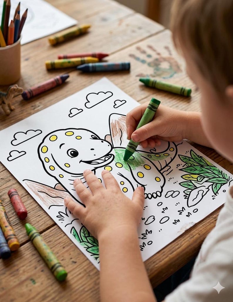 May include: A white coloring page featuring a cartoon dinosaur with spots, clouds, and foliage. The dinosaur is partially colored in green and brown. Several wax crayons in various colors are scattered around the paper on a wooden surface.