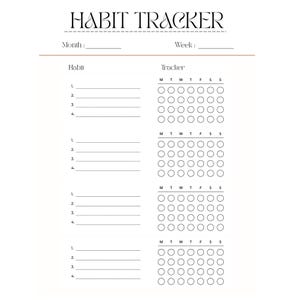 May include: A white habit tracker sheet with black text and lines. The header reads HABIT TRACKER. Below are fields for Month and Week. It features four sections, each with four numbered lines for habits and a grid of circles for days of the week.