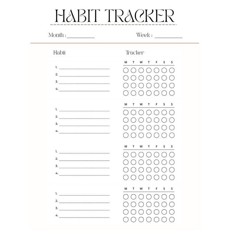 May include: A white habit tracker sheet with black text and lines. The header reads HABIT TRACKER. Below are fields for Month and Week. It features four sections, each with four numbered lines for habits and a grid of circles for days of the week.