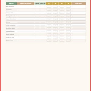 May include: A curriculum tracker with a green header and red border. The tracker includes sections for subjects, resources, grades, and goals. Text includes "Curriculum Tracker" and "Plan subjects, resources, and progress for the school year."