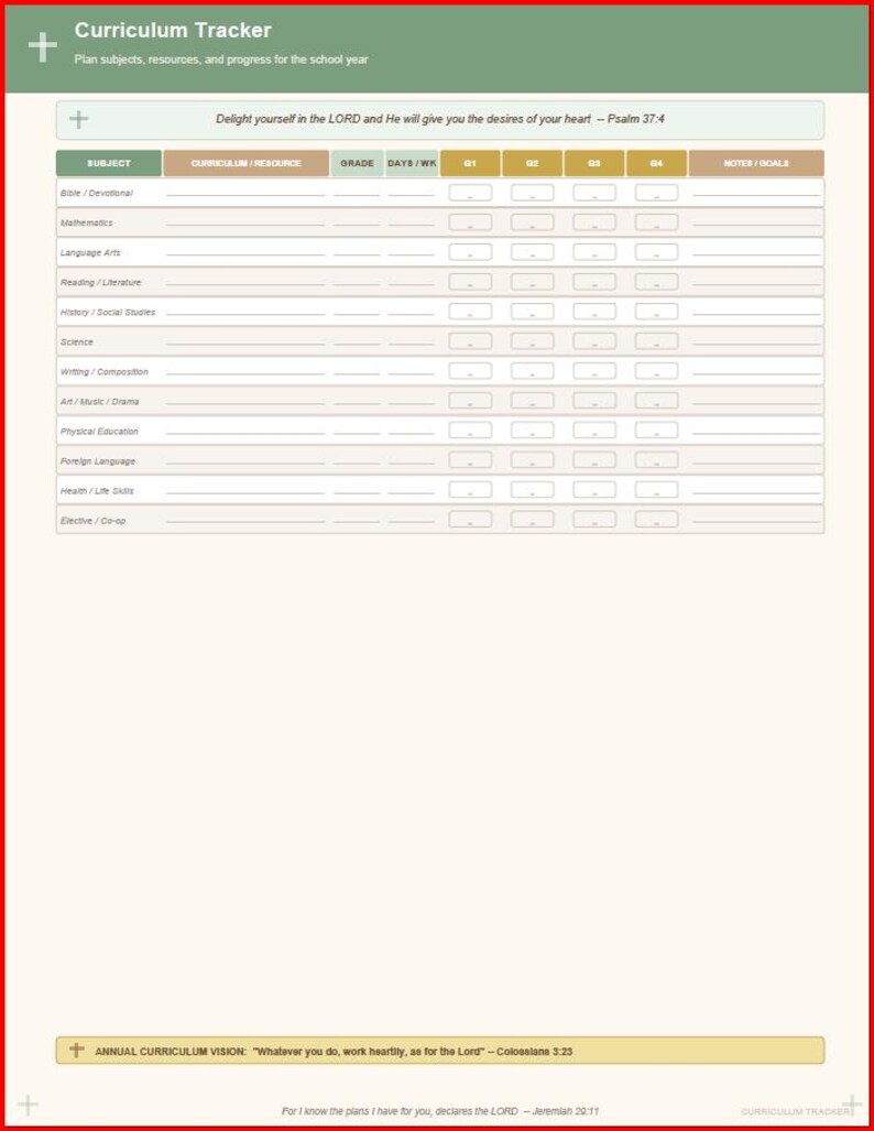 May include: A curriculum tracker with a green header and red border. The tracker includes sections for subjects, resources, grades, and goals. Text includes "Curriculum Tracker" and "Plan subjects, resources, and progress for the school year."