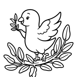 May include: A black and white line art illustration of a small bird perched on a leafy branch. The bird is depicted with its wings partially spread, holding a small sprig with leaves in its beak. The design features clean, bold outlines.
