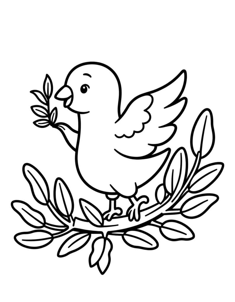 May include: A black and white line art illustration of a small bird perched on a leafy branch. The bird is depicted with its wings partially spread, holding a small sprig with leaves in its beak. The design features clean, bold outlines.