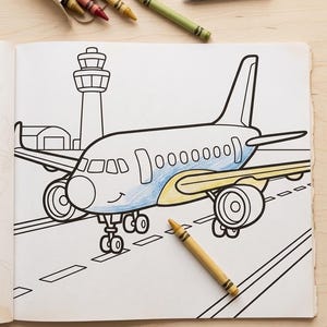 Puede incluir: Una p&aacute;gina de libro para colorear con un dibujo lineal en blanco y negro de un avi&oacute;n en una pista con una torre de control al fondo. El avi&oacute;n est&aacute; parcialmente coloreado con cray&oacute;n azul y amarillo. Hay varios crayones sueltos cerca.