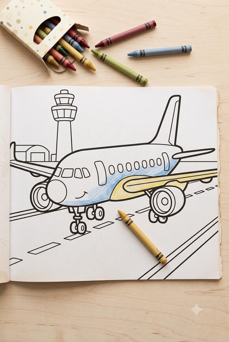 Puede incluir: Una p&aacute;gina de libro para colorear con un dibujo lineal en blanco y negro de un avi&oacute;n en una pista con una torre de control al fondo. El avi&oacute;n est&aacute; parcialmente coloreado con cray&oacute;n azul y amarillo. Hay varios crayones sueltos cerca.
