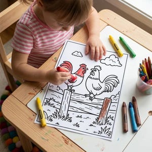 May include: A white coloring page featuring two roosters perched on a wooden fence with clouds in the sky. One rooster is partially colored in red, and a section of the fence is colored in brown. Several colorful wax crayons are scattered nearby.