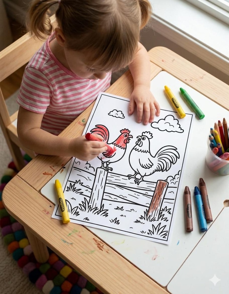 May include: A white coloring page featuring two roosters perched on a wooden fence with clouds in the sky. One rooster is partially colored in red, and a section of the fence is colored in brown. Several colorful wax crayons are scattered nearby.