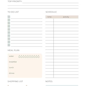 May include: A daily planner page featuring sections for date, top priority, to-do list with checkboxes, a schedule with time and activity columns, a meal plan with water intake icons, a shopping list, and a notes box with a light blue background.