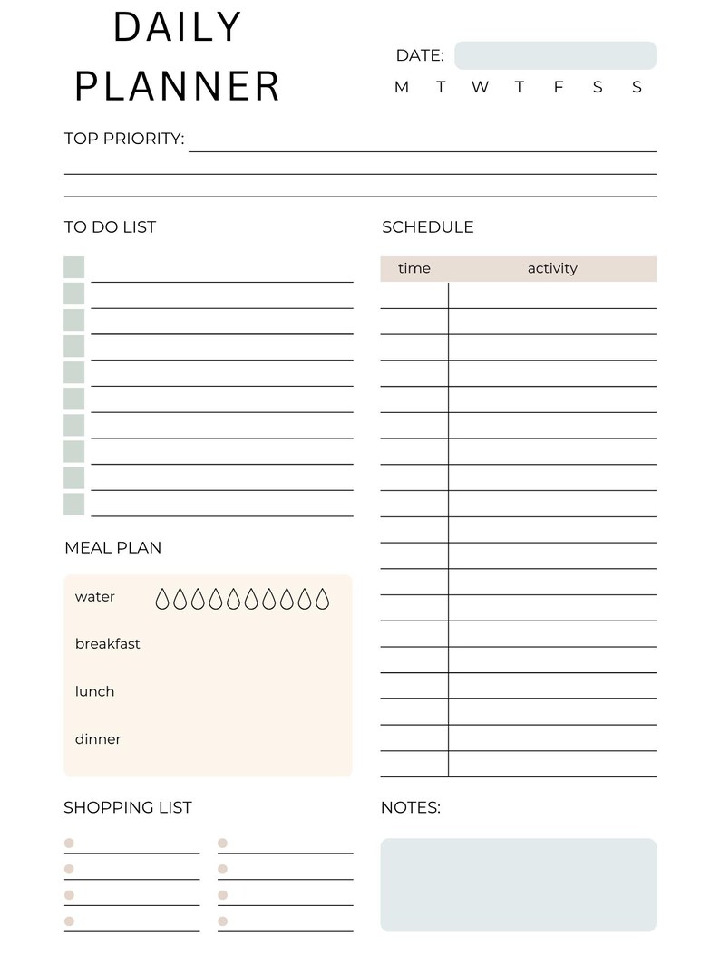 May include: A daily planner page featuring sections for date, top priority, to-do list with checkboxes, a schedule with time and activity columns, a meal plan with water intake icons, a shopping list, and a notes box with a light blue background.