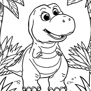 May include: A black and white illustration of a friendly dinosaur, set amongst foliage and palm trees. The dinosaur has a large head, a smiling mouth, and a rounded body. This image is designed for colouring.
