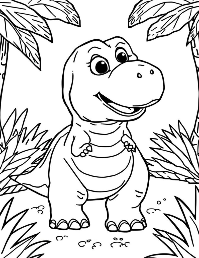 May include: A black and white illustration of a friendly dinosaur, set amongst foliage and palm trees. The dinosaur has a large head, a smiling mouth, and a rounded body. This image is designed for colouring.