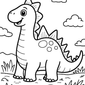 May include: A black and white line art coloring page featuring a friendly cartoon dinosaur with plates along its back, standing in a grassy landscape with clouds in the sky. The dinosaur has a long neck, a smiling face, and circular spots.