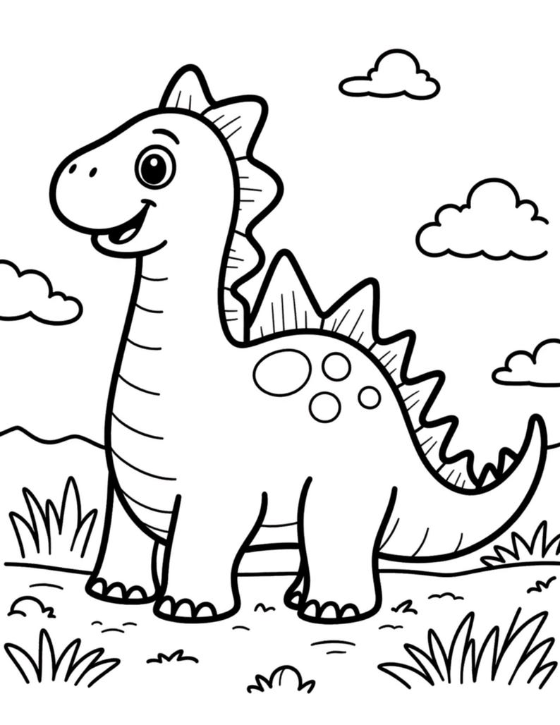 May include: A black and white line art coloring page featuring a friendly cartoon dinosaur with plates along its back, standing in a grassy landscape with clouds in the sky. The dinosaur has a long neck, a smiling face, and circular spots.