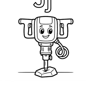 May include: A black and white line art coloring page featuring a cartoon jackhammer with a smiling face. The letters Jj are positioned above the tool, and the text Jack Hammer is printed at the bottom. The jackhammer is shown breaking ground.