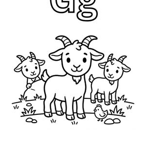 Puede incluir: Una p&aacute;gina para colorear en blanco y negro con la letra may&uacute;scula y min&uacute;scula Gg en la parte superior y la palabra Goats en la parte inferior. La ilustraci&oacute;n muestra tres cabras en un campo de hierba con un pollito cerca de la cabra central.
